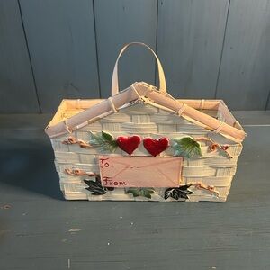 Handpainted White Wicker Gift Basket with Red Heart & Leaves Accents